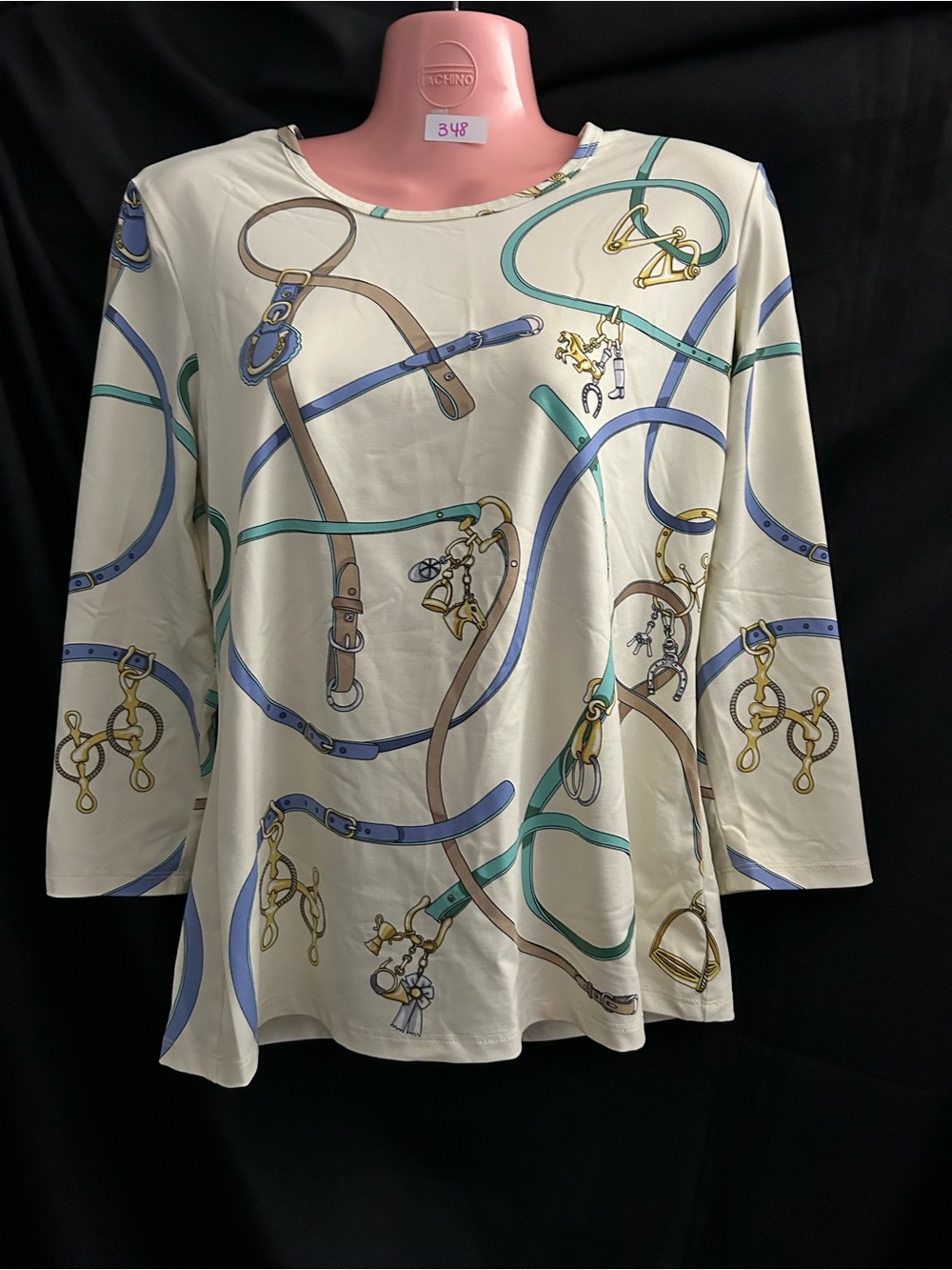 J. McLaughlin Women’s Cream Belt-Print Long Sleeve Top LG